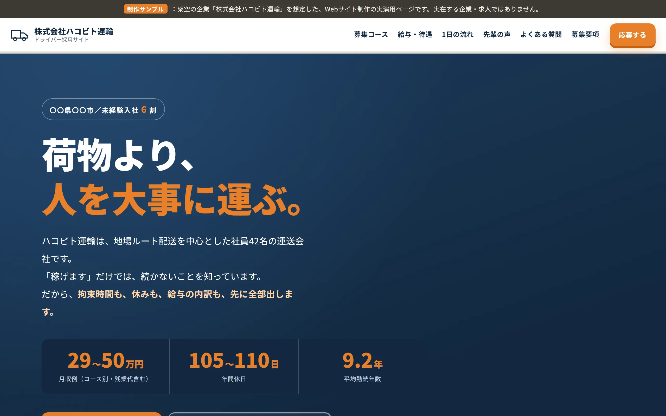 ハコビト運輸 採用LPのファーストビュー